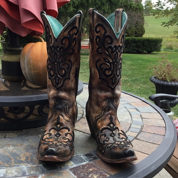 Corral Brown and Black Western Boots with Turquoise Lining in good condition - Picture 1 of 9